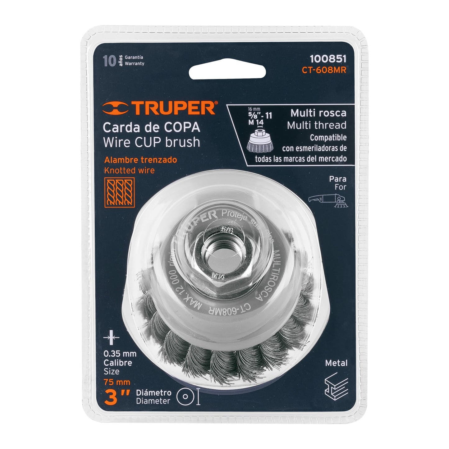 Carda copa 3" alambre trenzado fino, Multi-rosca, Truper, Construccion, Herreria.