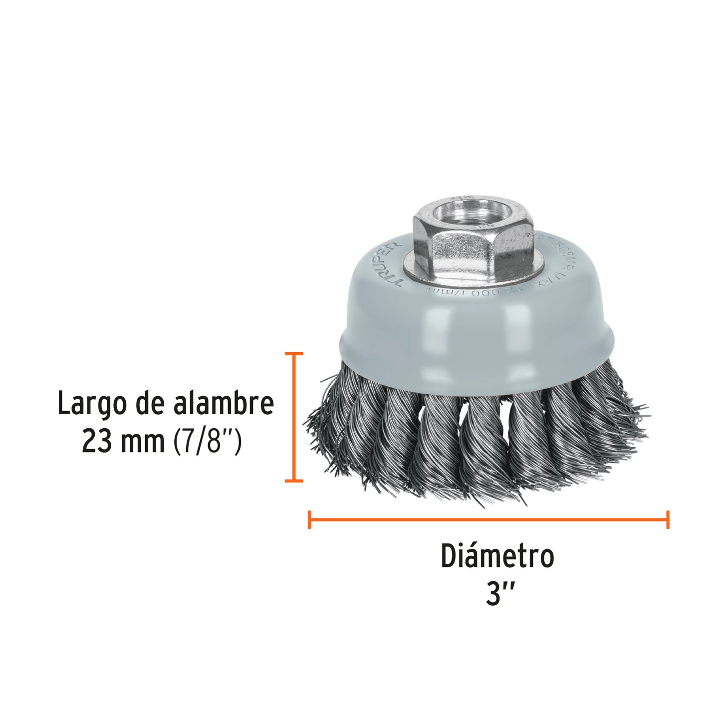 Carda copa 3" alambre trenzado fino, Multi-rosca, Truper, Construccion, Herreria.