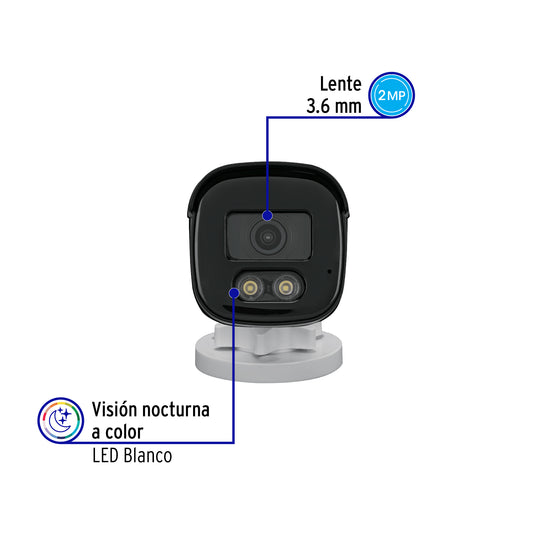 Cámara de seguridad tipo bala VOLTECK 2MP con lente 3.6mm. Ideal para vigilancia exterior e interior.