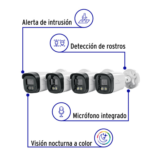 Kit de videovigilancia VOLTECK® con DVR 8 canales, 4 cámaras de 5MP y disco duro de 1TB. Ideal para negocios y hogares.