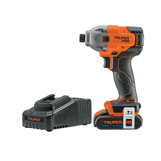 Destornillador de Impacto Inalámbrico Truper Pro 20V Brushless 1/4" Industrial DIMI-20A2 (Kit Batería)