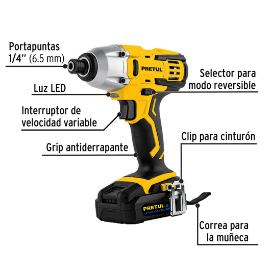 Destornillador de Impacto Inalámbrico PRETUL 20V 1/4" con Batería Ion Litio 2Ah - Herramienta Profesional