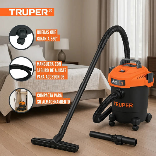 Truper Aspiradora 3 Gal 3 HP Húmedo/Seco c/Filtro HEPA - Ideal Auto, Taller y Casa