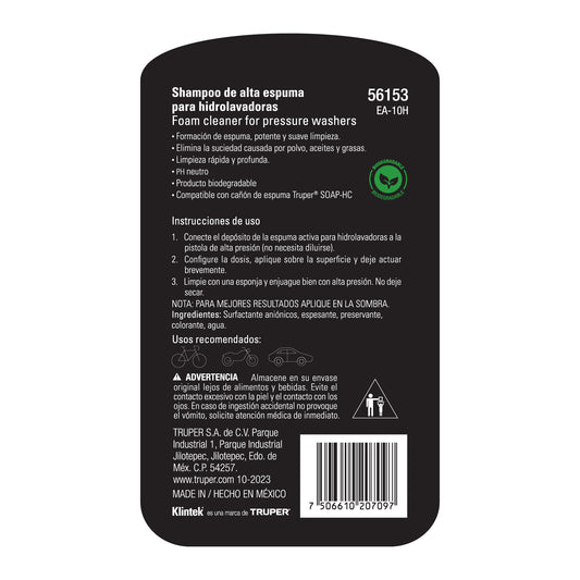 Shampoo Concentrado Alta Espuma KLINTEK EA-10H - Elimina Grasa y Aceite para Hidrolavadora 1L - Libre de Fosfatos
