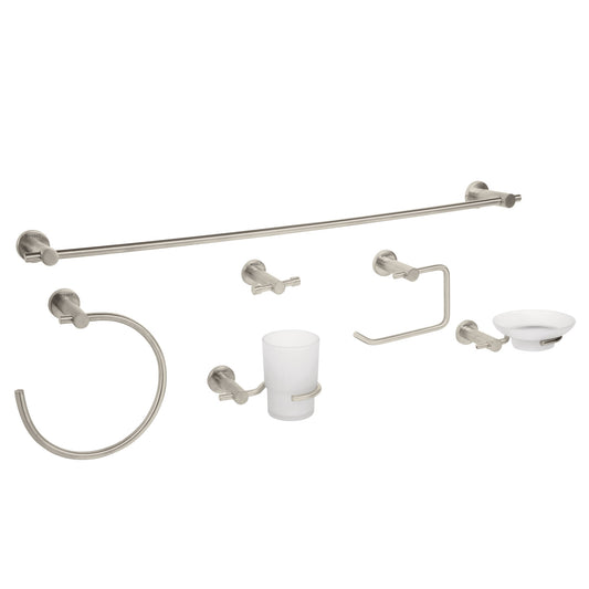 Juego Completo 6 Accesorios Baño FOSET ELEMENT ELA-7000N - Set Profesional Latón Satín con Portarrollos, Toallero, Jabonera y Vaso - Solución Integral Organización Baño Moderno