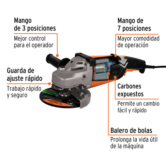Esmeriladora Angular 7" TRUPER PRO 2200W - Herramienta Industrial para Cortar y Esmerilar Acero, Ladrillo, Azulejo y Piedra - Motor Profesional con Baleros de Bolas y Mango Antiderrapante - Solución Completa para Trabajos de Construcción y Metalurgia
