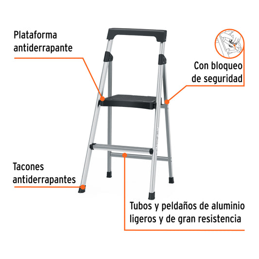 Escalera Tubular Plegable Aluminio 2 Peldaños Truper ESTU-2A - Solución Segura para Trabajos en Altura hasta 1.68m - Antiderrapante Ligera Portátil