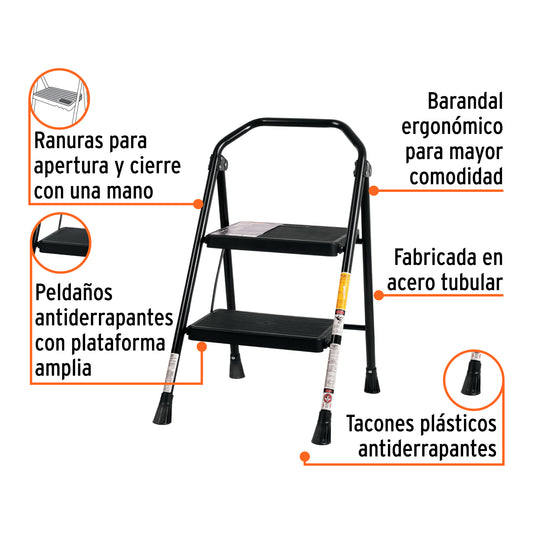 Escalera Tubular Plegable 2 Peldaños Truper ESTU-2 - Antiderrapante con Barandal Ergonómico para Trabajos en Altura Seguros y Cómodos