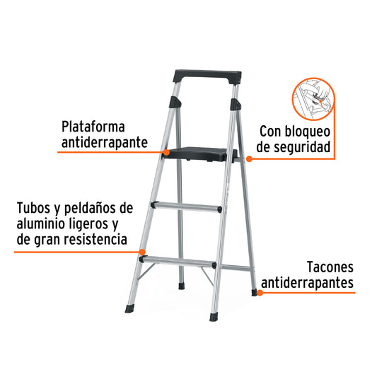 Escalera Tubular Plegable Truper 3 Peldaños Aluminio Antiderrapante - Solución Segura para Trabajos en Altura hasta 1.68m - ESTU-3A