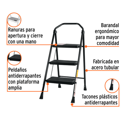 Escalera Tubular Plegable TRUPER 3 Peldaños Antiderrapantes - Solución Compacta para Trabajos en Altura Seguros - Acero Resistente con Barandal Ergonómico