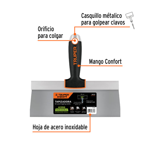 Espátula Tapizadora 10 Pulgadas Acero Inoxidable ETA-10X Truper Expert - Herramienta Profesional Anti-Corrosión para Tapicería y Acabados Perfectos