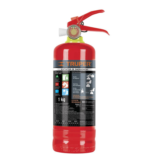 Extintor portátil recargable de 1 kg con polvo tipo ABC marca TRUPER. Ideal para uso doméstico e industrial.