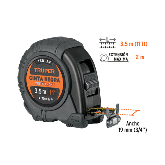 Flexómetro Contra Impactos 3m Truper FCN-3M - Cinta Negra 13mm Resistente con Triple Imán - Solución Profesional para Medición Precisa en Construcción