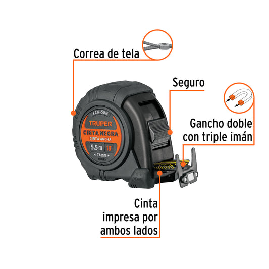 Flexómetro Truper FCN-55M 5.5m Resistente Impactos - Cinta Negra 25mm Doble Graduación Gancho Magnético - Medición Profesional Construcción