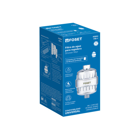 Filtro de Agua para Regadera FOSET FIR-1 - Elimina Cloro y Sedimentos, 15 Niveles de Filtración, Protege Piel y Cabello