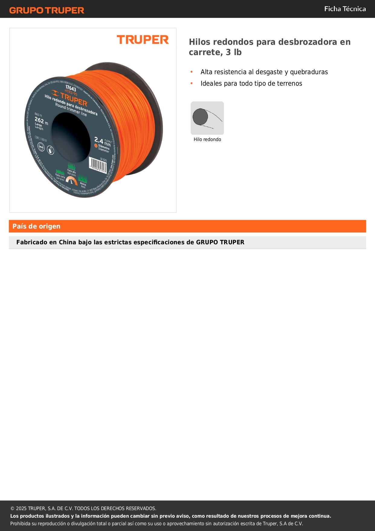 Hilos redondos para desbrozadora en carrete, 3 lb