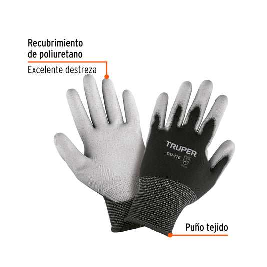 Guantes de Trabajo Truper GU-110 - Nylon con Recubrimiento Poliuretano - Alta Sensibilidad y Destreza para Manejo Preciso de Piezas Pequeñas
