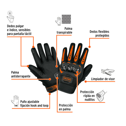 Guante Protector Motociclista TRUPER GU-971 - Antiderrapante Táctil con Protección Nudillos y Limpiador Visor
