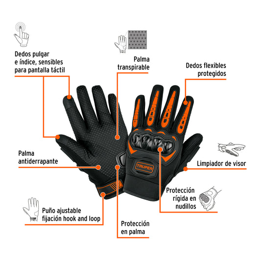 Guantes Protección Motociclista TRUPER GU-973 Talla G - Palma Antiderrapante Transpirable, Dedos Táctiles, Protector Nudillos Rígido, Puño Ajustable Hook Loop - Máxima Seguridad y Comodidad para Motociclismo