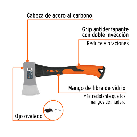 Hacha Cazadora Truper 1-1/4 lb Mango Fibra Vidrio 14" - Corte Preciso Madera Leña - Cabeza Forjada Acero Carbono HC-1-1/4F