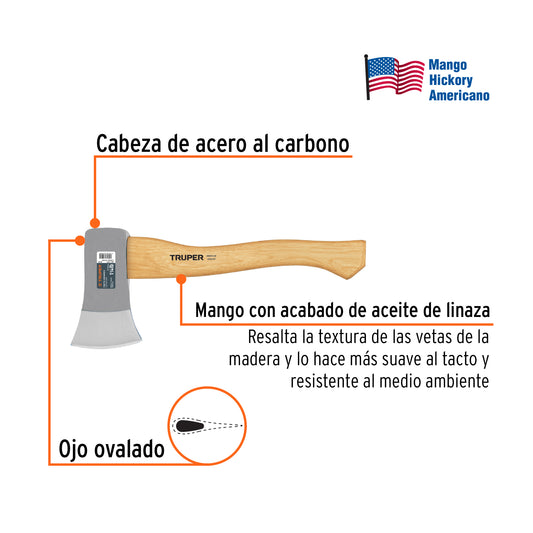 Hacha Cazadora TRUPER 1-1/4 lb Mango Hickory 14" - Herramienta Profesional para Corte de Madera y Trabajos Forestales - Acero al Carbono Tratamiento Térmico HC-1-1/4