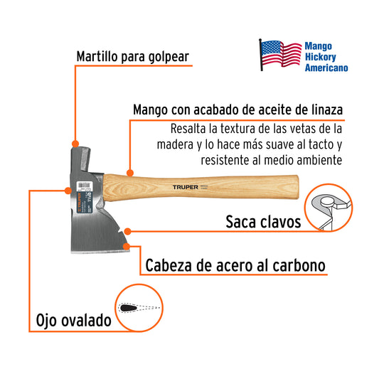 Hacha Doméstica Truper 1-1/2 lb Mango Hickory 14" - Corte Preciso y Duradero para Trabajos de Carpintería y Leña - Acero al Carbono Tratamiento Térmico HH-1-1/2
