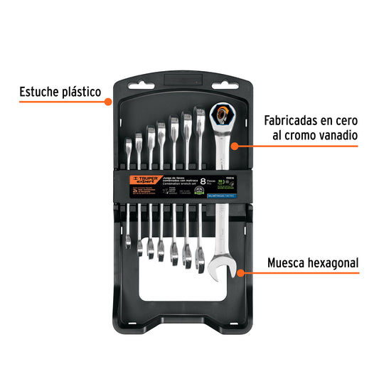 Juego 8 Llaves Combinadas con Matraca JC-8XM EXPERT - Acero Cromo Vanadio 90 Dientes - Solución Profesional para Espacios Reducidos
