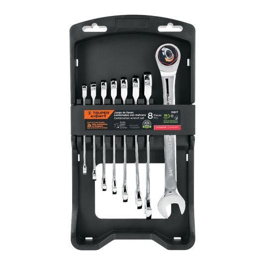 Juego 8 Llaves Combinadas con Matraca JC-8XP Expert - Acero Cromo Vanadio 90 Dientes - Solución Profesional para Espacios Reducidos