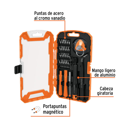 Juego de 32 Piezas para Reparación de Electrónicos Truper - Kit Profesional de Destornilladores de Precisión con Puntas Cromo Vanadio - Solución Completa para Dispositivos Inteligentes, Celulares, Tablets y Equipos Electrónicos