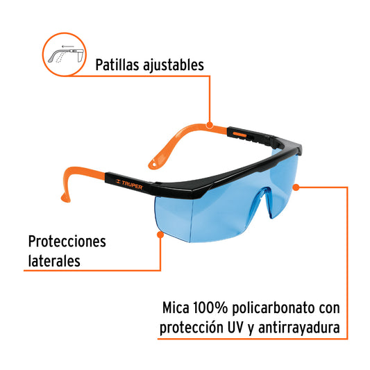 Lentes de Seguridad Truper Classic LEN-2000Z - Protección UV Antirayadura Policarbonato Azul - Industria Construcción Taller