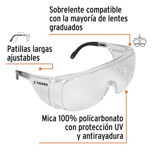 Sobrelentes de Seguridad Transparentes Truper Safe LESO-TR - Protección UV Antirayadura Compatible con Lentes Graduados para Industria y Construcción