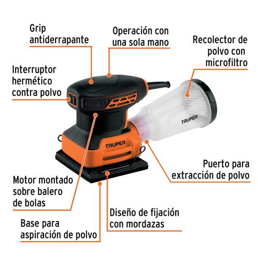 Lijadora Orbital 1/4 Hoja 240W TRUPER PRO LIOR-1/4A3 - Elimina Imperfecciones en Madera y Superficies con Sistema de Aspiración Integrado y Mango Ergonómico Antiderrapante