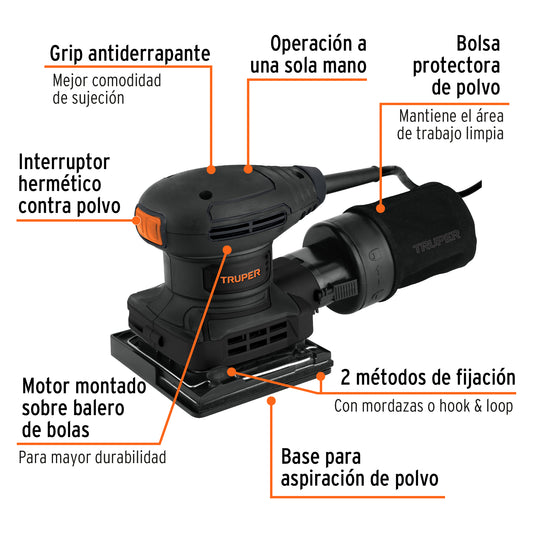 Lijadora Orbital 1/4 Hoja 300W TRUPER LIOR-1/4N2 - Solución Profesional para Lijado de Precisión con Sistema de Aspiración y Grip Antiderrapante - Elimina Imperfecciones en Madera y Superficies