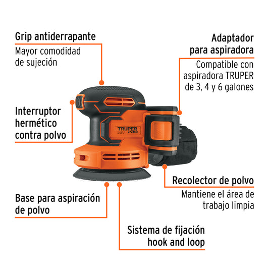 Lijadora Roto-Orbital 5 Pulgadas 20V TRUPER PRO LIRI-20A - Velocidad Variable 6 Niveles con Batería 2Ah y Sistema Hook Loop