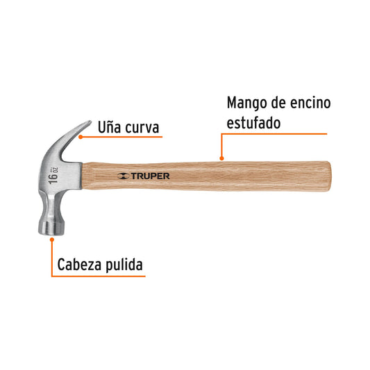 Martillo TRUPER 16 oz Uña Curva Mango Madera - Solución Profesional para Clavar y Extraer Clavos - Cabeza Acero Pulido MA-16