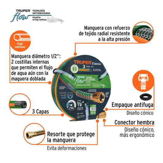 Manguera Reforzada 1/2" x 10m Truper - 3 Capas Anti-Dobleces con Conexiones Metálicas - Solución Profesional para Riego Doméstico