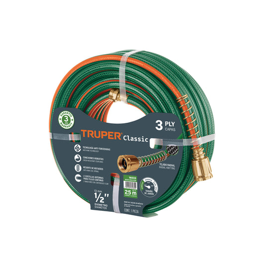Manguera Reforzada 1/2" x 25m Truper MAN-25X1/2R - 3 Capas con Conexiones Metálicas Anti-Deformación para Riego Doméstico
