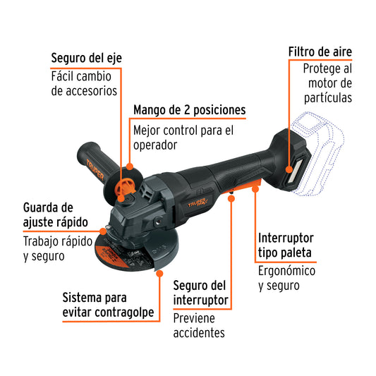 Esmeriladora Inalámbrica 4.5 Pulgadas 20V Brushless MAX-20EPS - Motor Sin Carbones para Corte Profesional de Acero, Ladrillo y Piedra - Mango Ajustable y Sistema Anti-Contragolpe