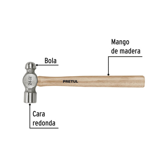 Martillo de Bola 24 oz Pretul MB-24P - Acero al Carbono con Mango de Madera - Herramienta Profesional para Trabajos de Precisión y Conformado de Metal