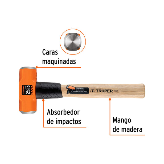 Marro Octagonal 2.5 lb Truper MD-2.5M - Cabeza Forjada Acero - Mango Madera 12" - Demolición y Golpeo Profesional