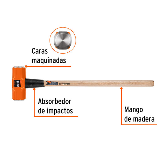 Marro Octagonal 20 lb Truper MD-20M - Herramienta Profesional para Demolición y Golpeo Pesado con Mango de Madera 36 Pulgadas