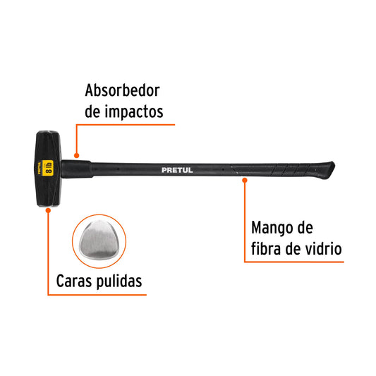 Marro Nevada 8 lbs Pretul MD-8MP - Martillo Demolición Profesional Mango Fibra Vidrio 36 Pulgadas - Herramienta Construcción Golpeo Pesado