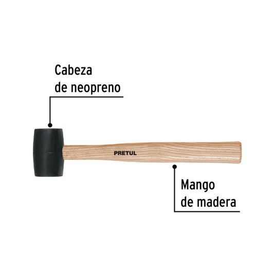 Mazo de Hule 8 oz Pretul MH-8P - Cabeza de Neopreno para Instalación de Duela y Zócalos sin Dañar Superficies - Mango de Madera Ergonómico