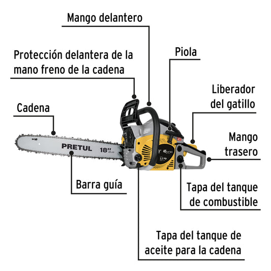 Motosierra Pretul MOT-4518P 45cc Gasolina Barra 18" - Corte Profesional Árboles y Poda Ramas - Motor 2.2HP Arranque Fácil