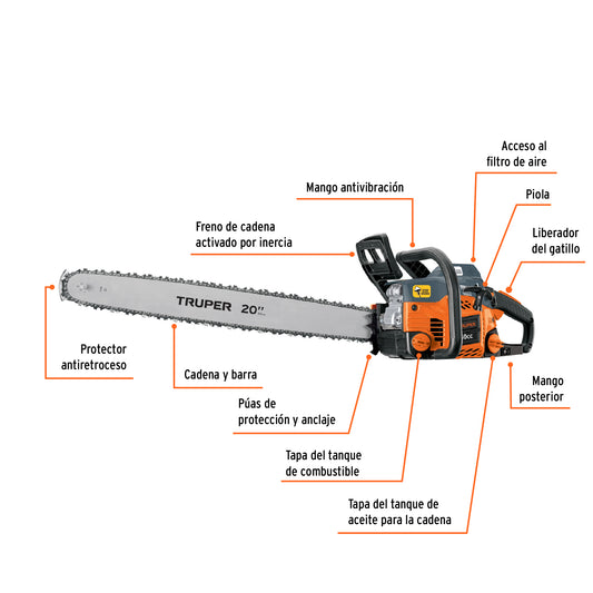 Motosierra Profesional Truper 50cc Gasolina 2 Tiempos con Barra 20" - Motor 3.1HP Sistema Antiretroceso Safe-T-Tip para Corte Preciso de Árboles y Poda de Ramas - MOT-5020