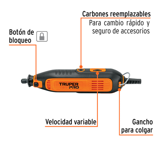 Herramienta Rotativa Multifuncional TRUPER PRO 135W con 211 Accesorios - Pule, Corta, Esmerila y Lija - MOTO-A3K