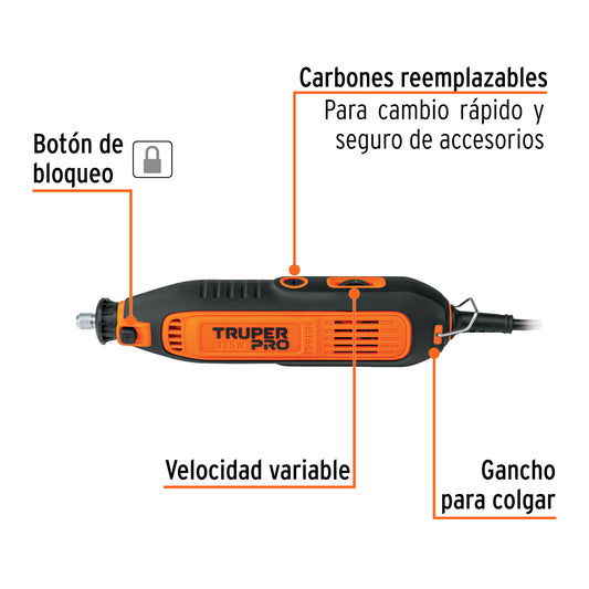 Herramienta Rotativa Multifuncional TRUPER PRO 135W con 97 Accesorios - Solución Completa para Pulir, Cortar, Esmerilar, Lijar y Cepillar - MOTO-A3