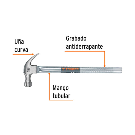 Martillo Tubular Truper MT-16 16oz Uña Curva - Profesional para Clavar y Extraer Clavos con Mango Antiderrapante