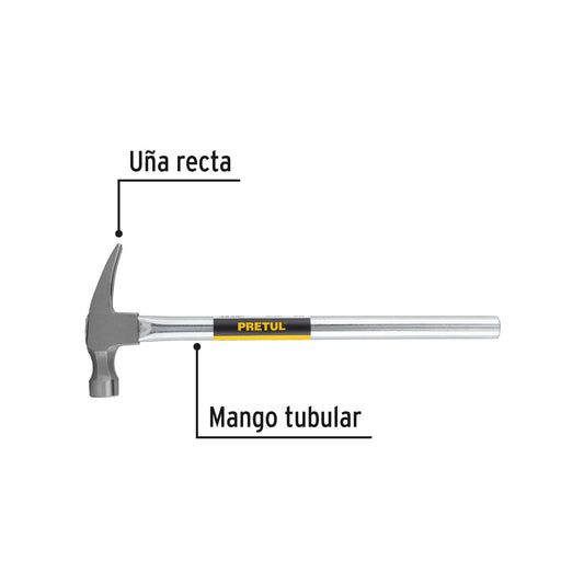 Martillo Uña Recta 20 oz Pretul MTR-20P - Mango Tubular Reforzado para Trabajo Pesado y Extracción de Clavos