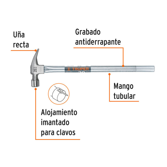 Martillo Tubular Pulido 20 oz MTR-20X - Cabeza Imantada Antiderrapante para Clavar y Extraer Clavos Profesional